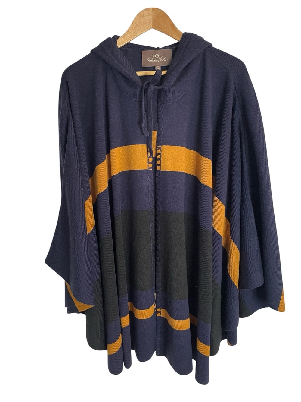 Patricia Nash Dark Navy Acrylic Hooded Poncho With Stripes One Size western boho